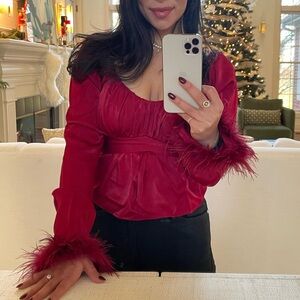 Chic Red Feather-Accent Blouse